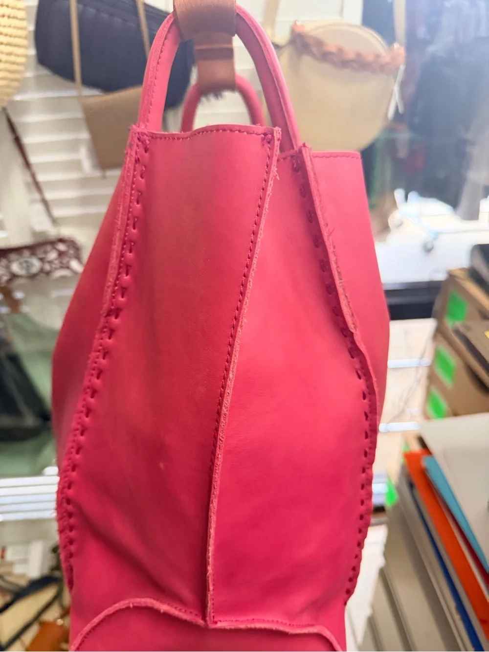 The Sak Pink Leather Tote with Tan Shoulder Straps